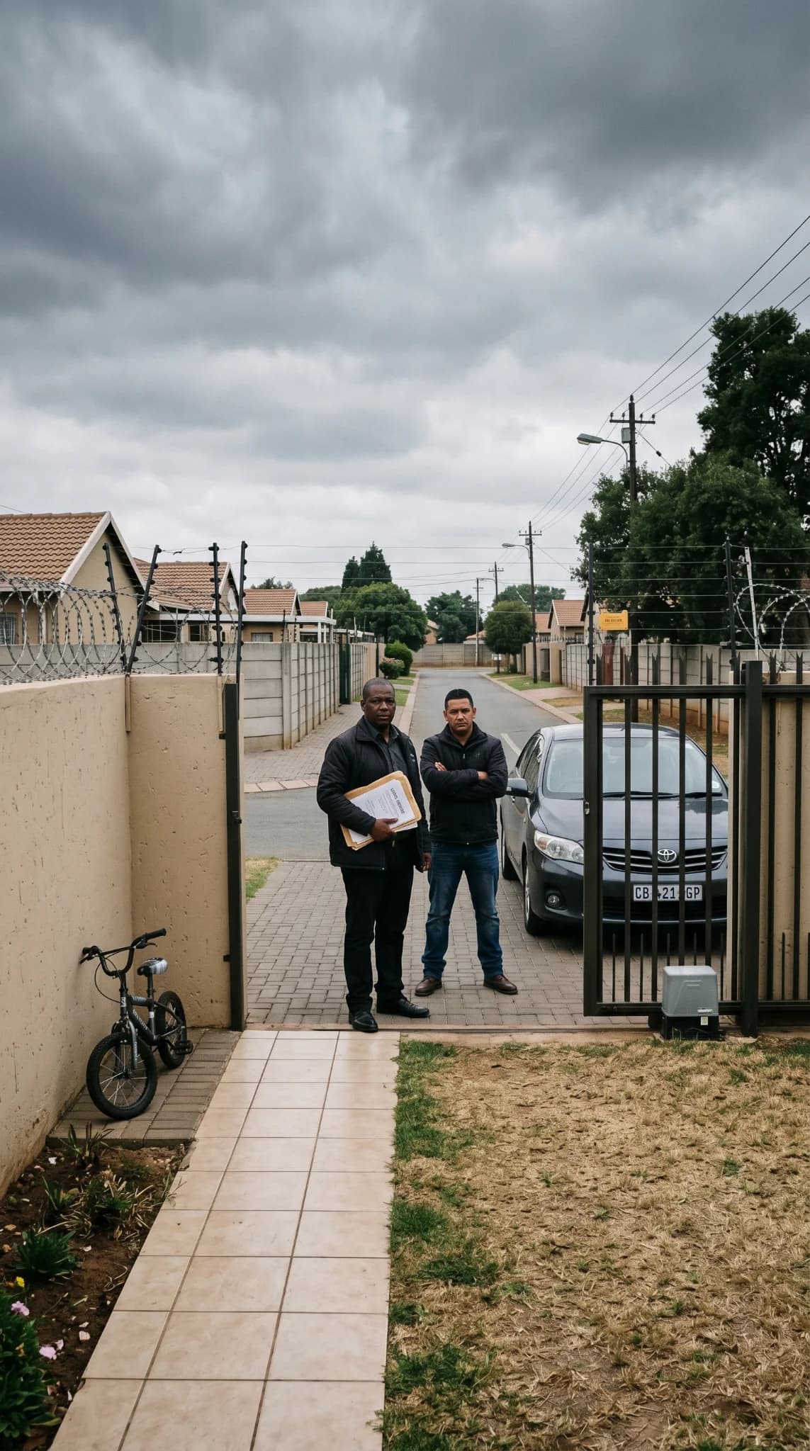 Two officials standing at a residential gate with paperwork